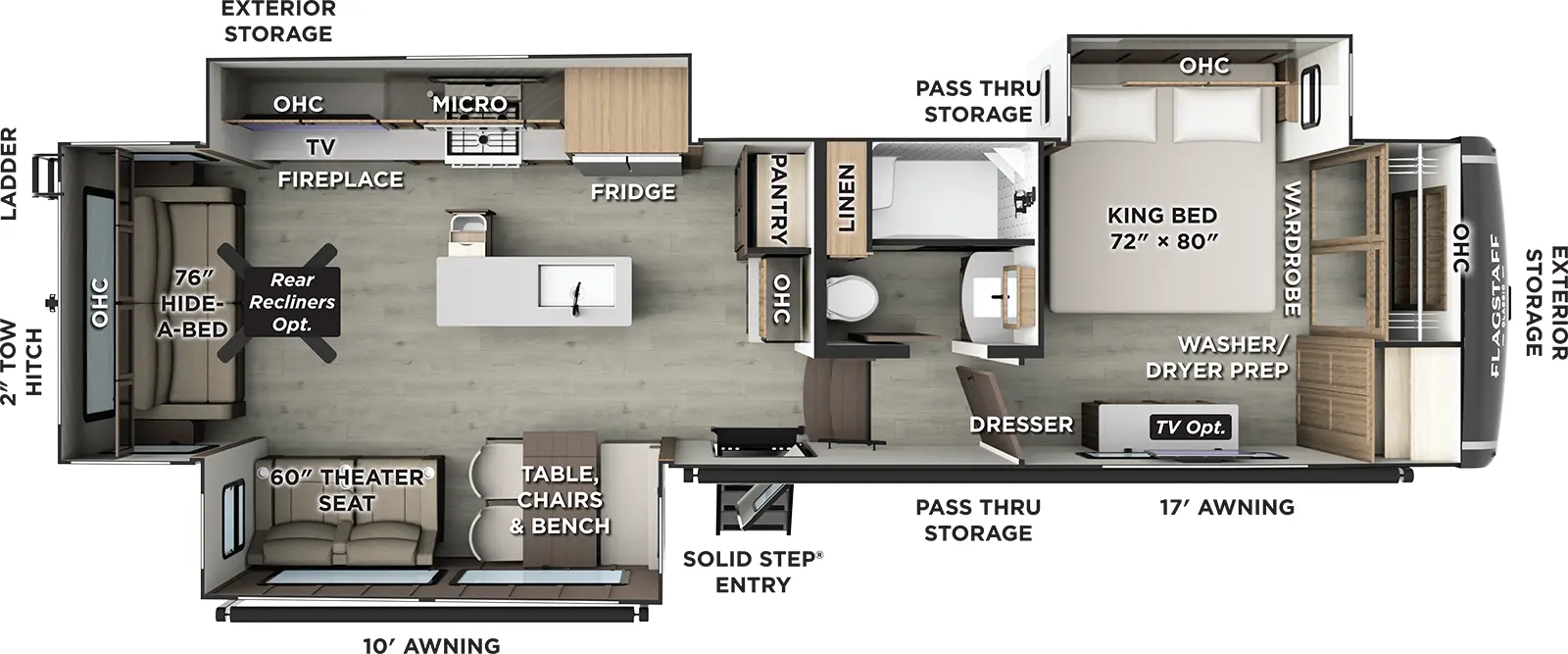 The Flagstaff Classic Fifth Wheels F361RLS has one entry and three slide outs. Exterior features include: fiberglass exterior and 10' & 17' awning. Interiors features include: kitchen island, free-standing dinette option, front bedroom and rear living.